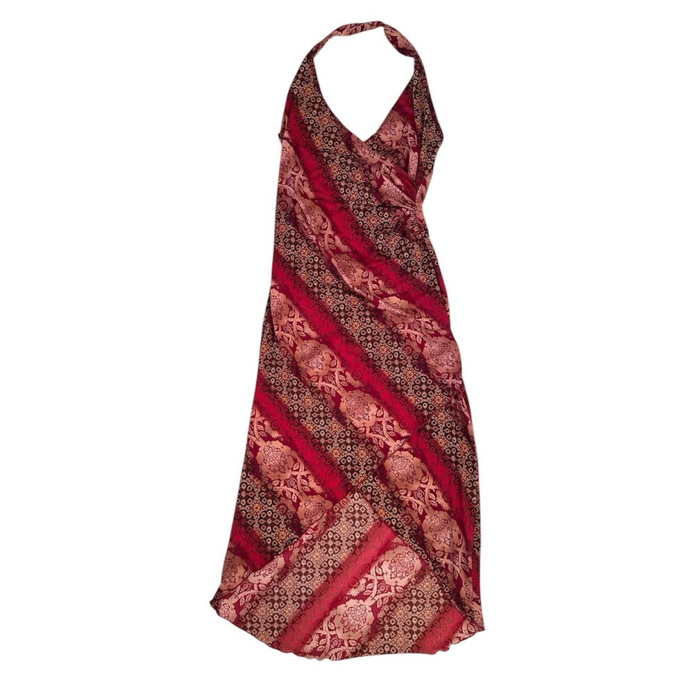 Opera Vintage Red Paisley Print Halter Wrap Asymmetrical Midi Dress